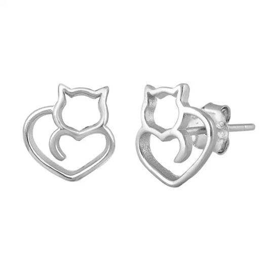 Cat and Heart Stud Earrings