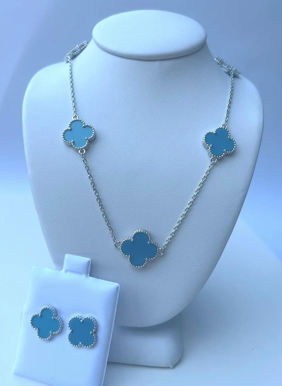 Blue Clover Necklace + Earrings Set